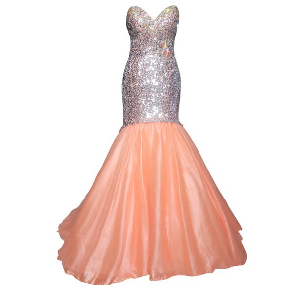 MacDuggal Mermaid Sweetheart Sequin Bead Peach Tulle Trumpet Dress Ball Gown✨️6 - Picture 16 of 16